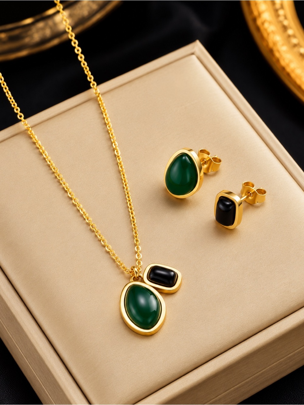 Gold Necklace and Earring Set with Green and Black Stones